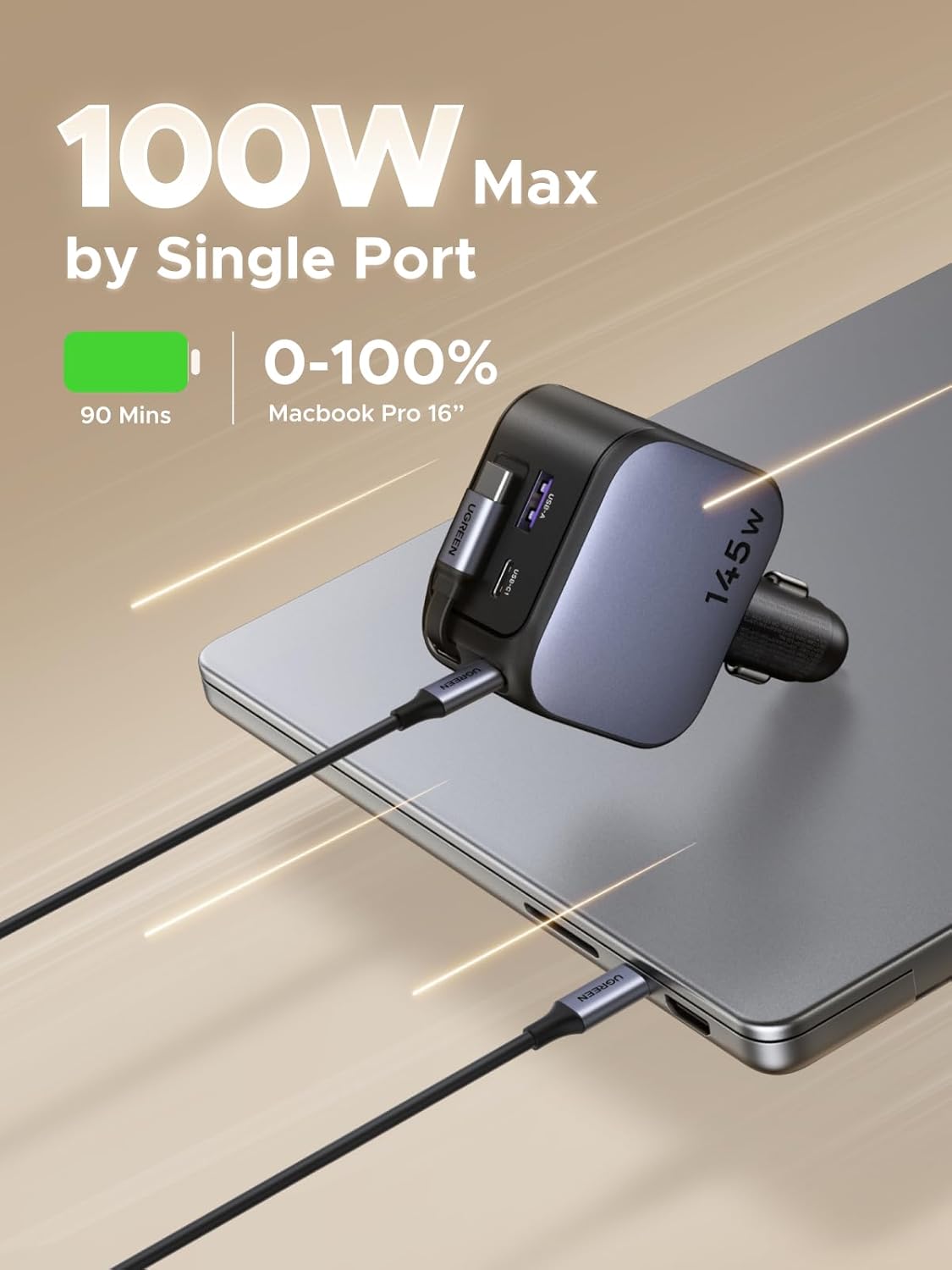 Fast Charging Cable - UGREEN 145W 3C1A Retractable Car Charger,