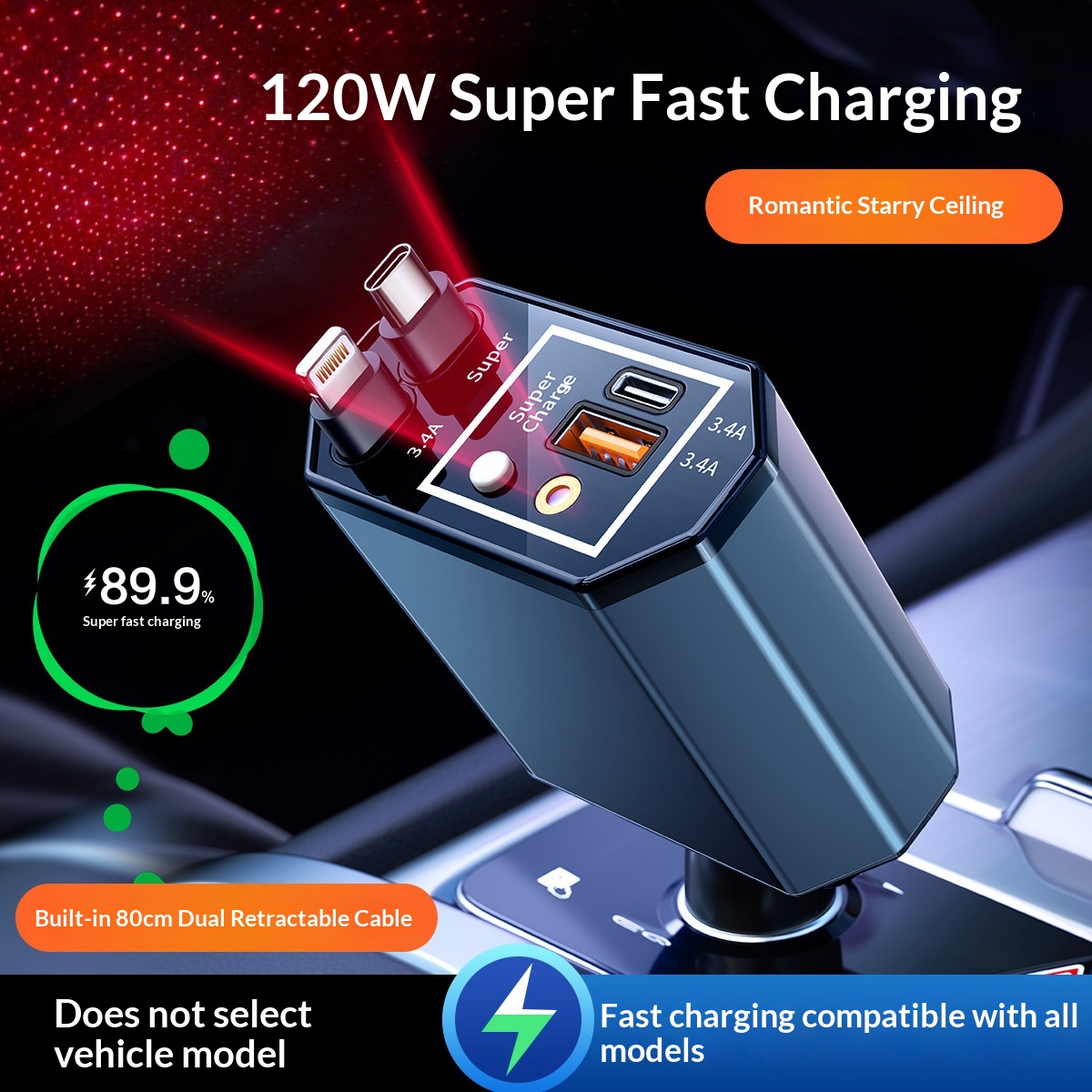 120W Car Charger with Telescop - Fast Charging Cable ulasan dan harga