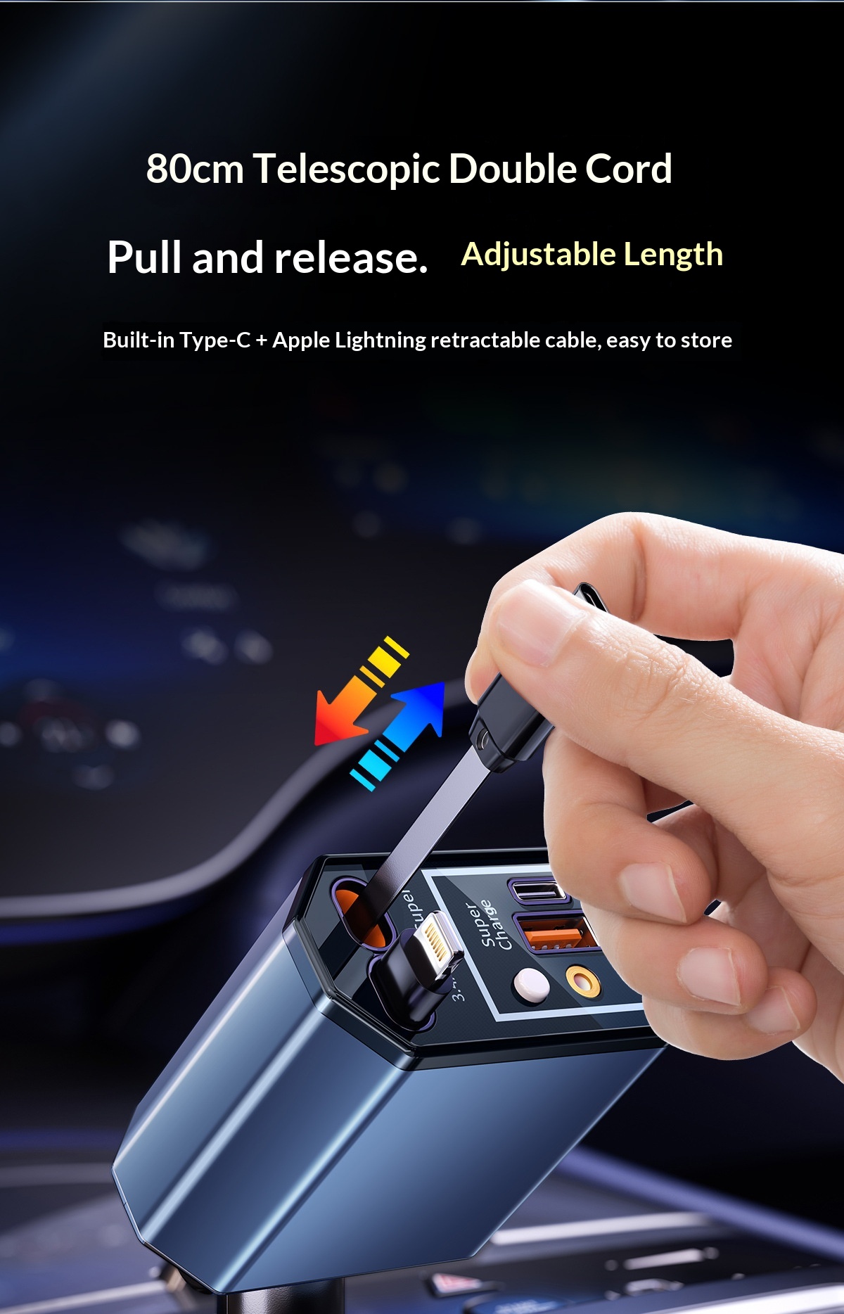 120W Car Charger with Telescop - Fast Charging Cable ulasan dan harga