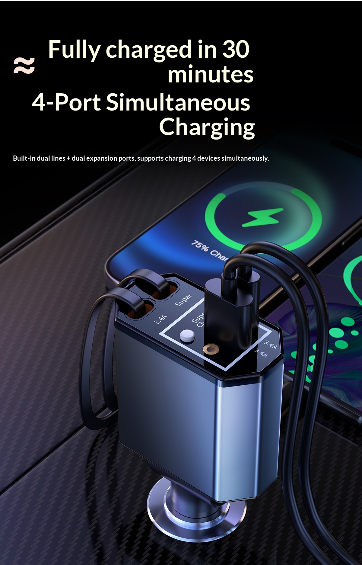 120W Car Charger with Telescop - Fast Charging Cable ulasan dan harga